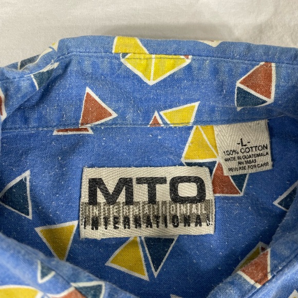 VTG MTO Mens Blue Geometríc Overprint Short Sleeve Button Up Size L - Picture 7 of 11